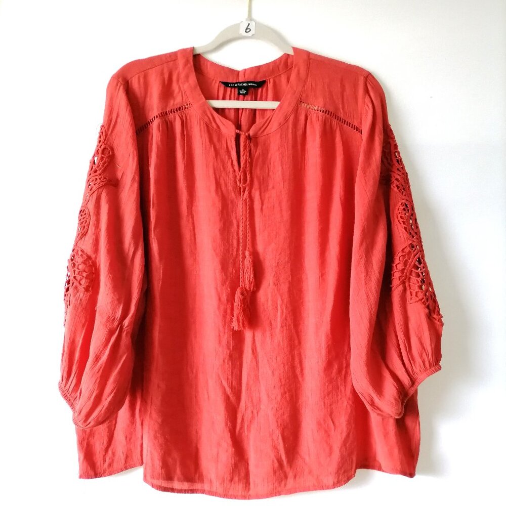 Zac & Rachel Womens Orange Tie Tassel Embordered Balloon Sleeve Top Size 1X